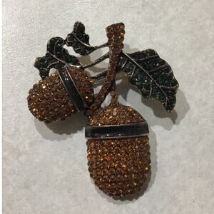 Vintage Acorn and Leaf Crystal Pin Brooch Pendant Fall Autumn Costume Jewelry